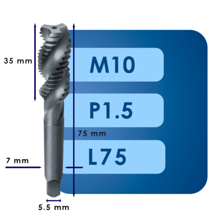 Машинный метчик для глухих отверстий m10*p1.5*c35*l75*d7*c5.5*hsse*mg