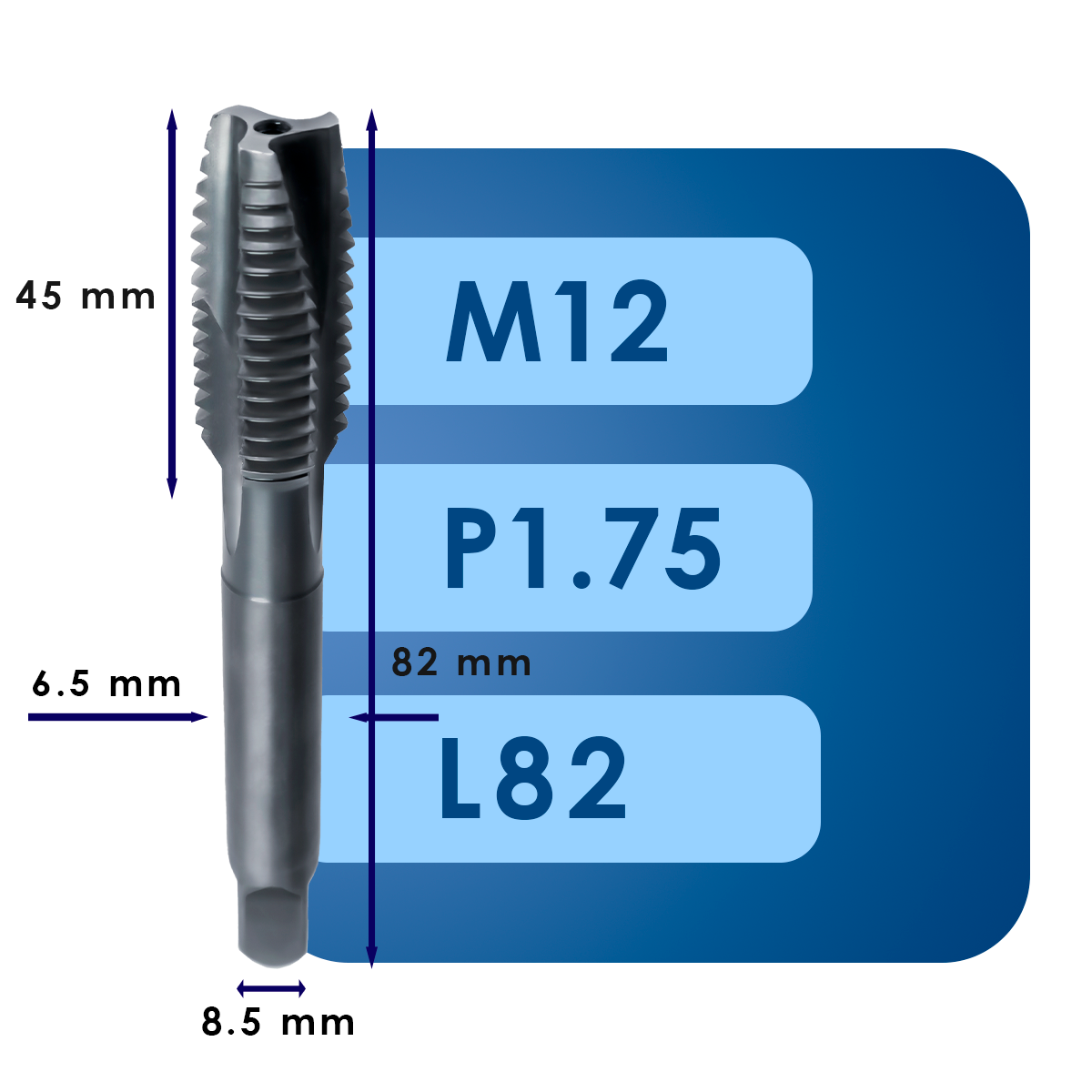 М12 Машинный метчик для сквозных отверстий m12*p1.75*c45*l82*d8.5*c6.5*iso*hsse*ms