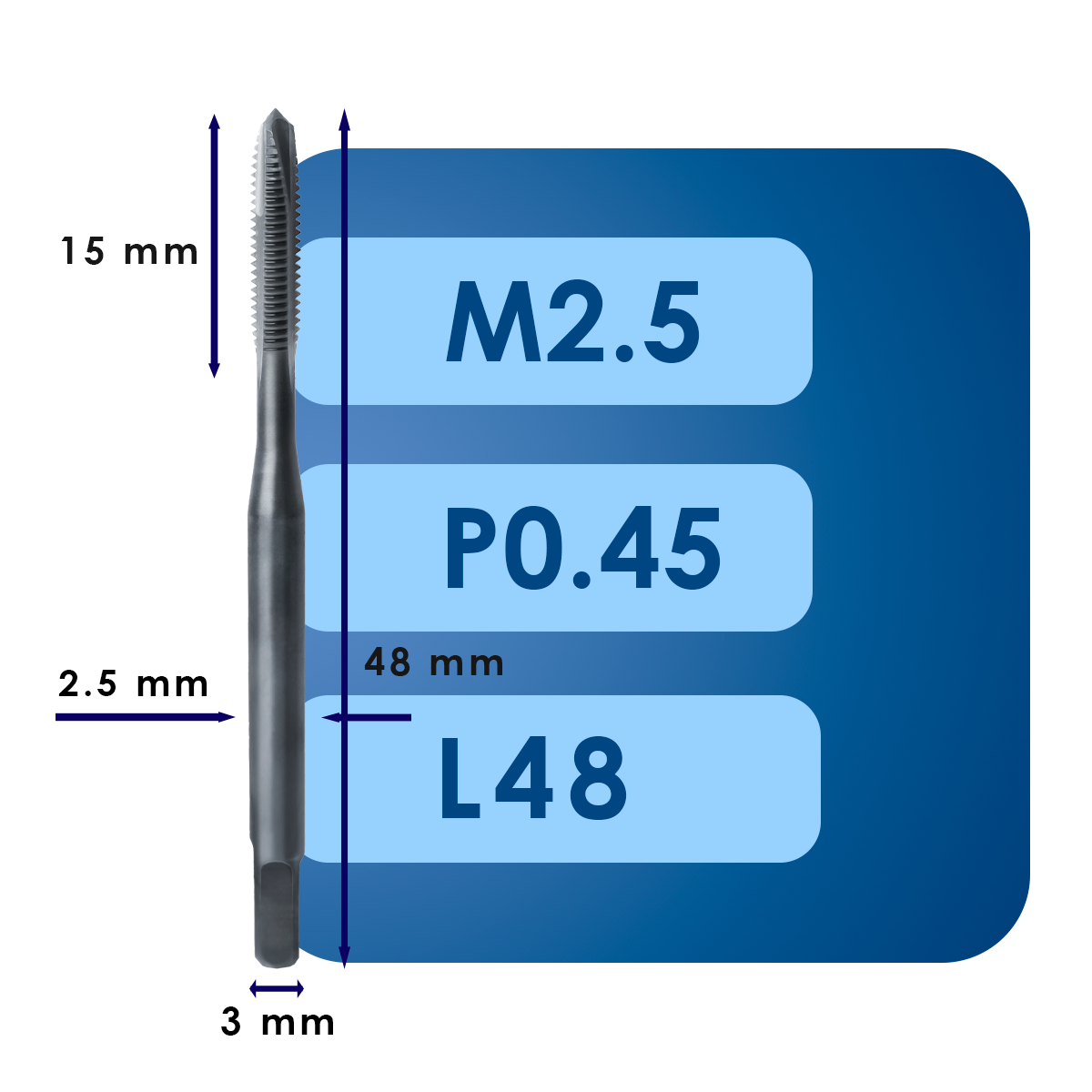 М2.5 (1) Машинный метчик для сквозных отверстий m2.5*p0.45*c15*l48*d3*c2.5*iso*hsse*ms
