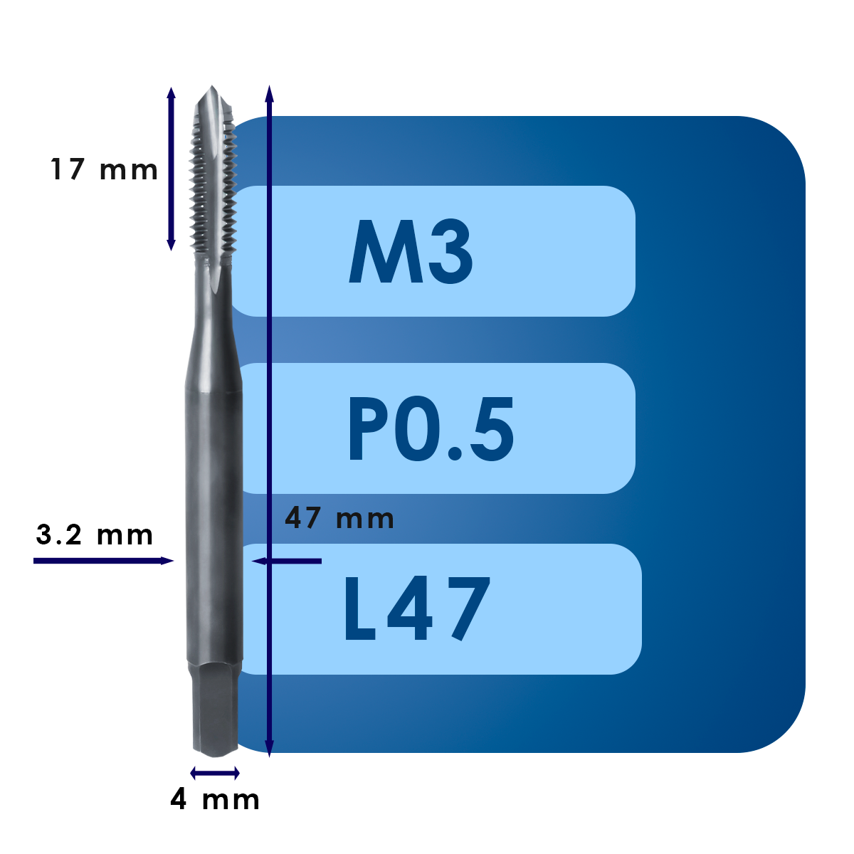 М3 (1) Машинный метчик для сквозных отверстий m3*p0.5*c17*l47*d4*c3.2*iso*hsse*ms