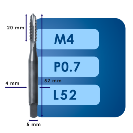 Машинный метчик для сквозных отверстий m4*p0.7*c20*l52*d5*c4*iso*hsse*ms