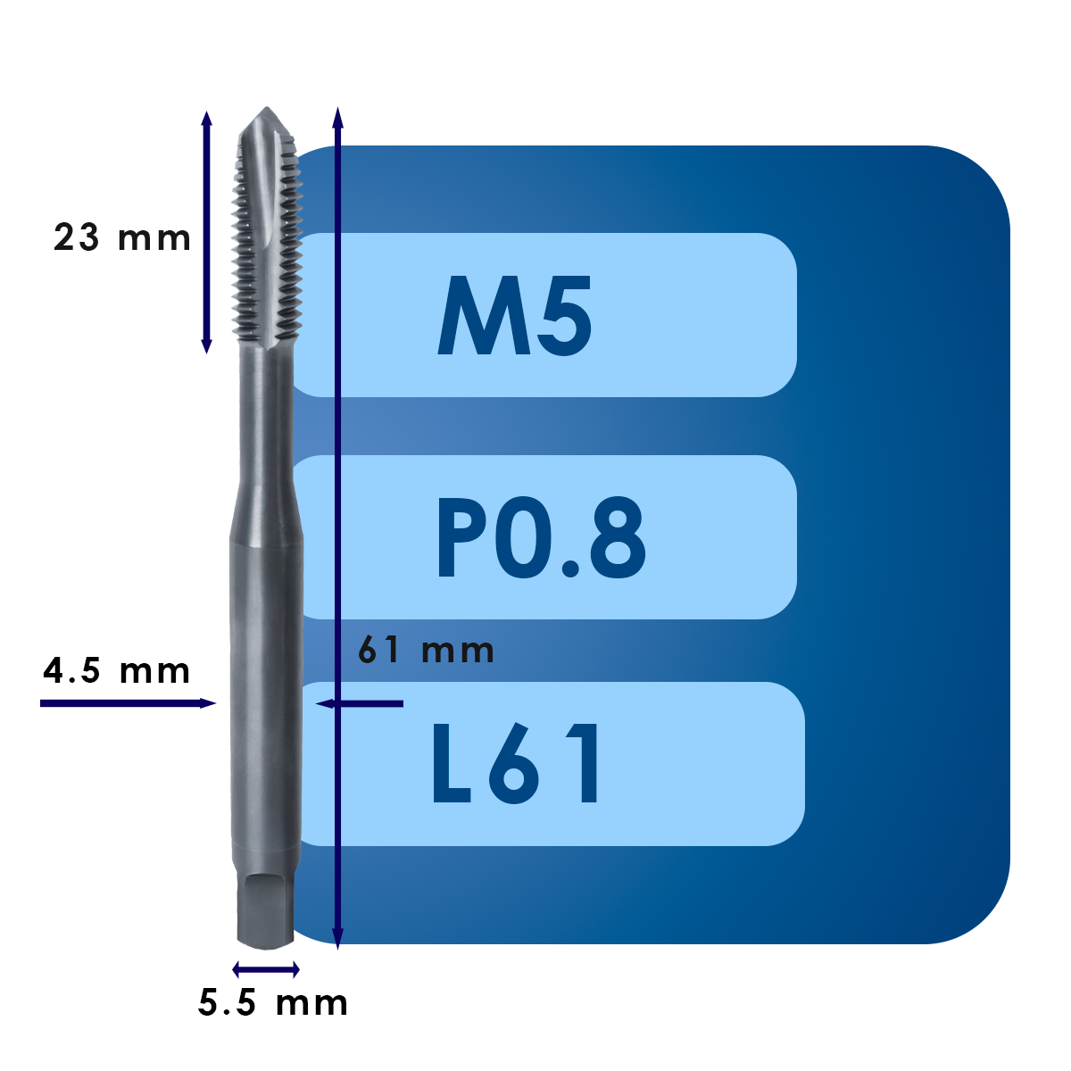 М5 (1) Машинный метчик для сквозных отверстий m5*p0.8*c23*l61*d5.5*c4.5*iso*hsse*ms