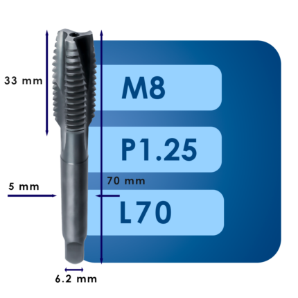 Машинный метчик для сквозных отверстий m8*p1.25*c33*l70*d6.2*c5*iso*hsse*ms