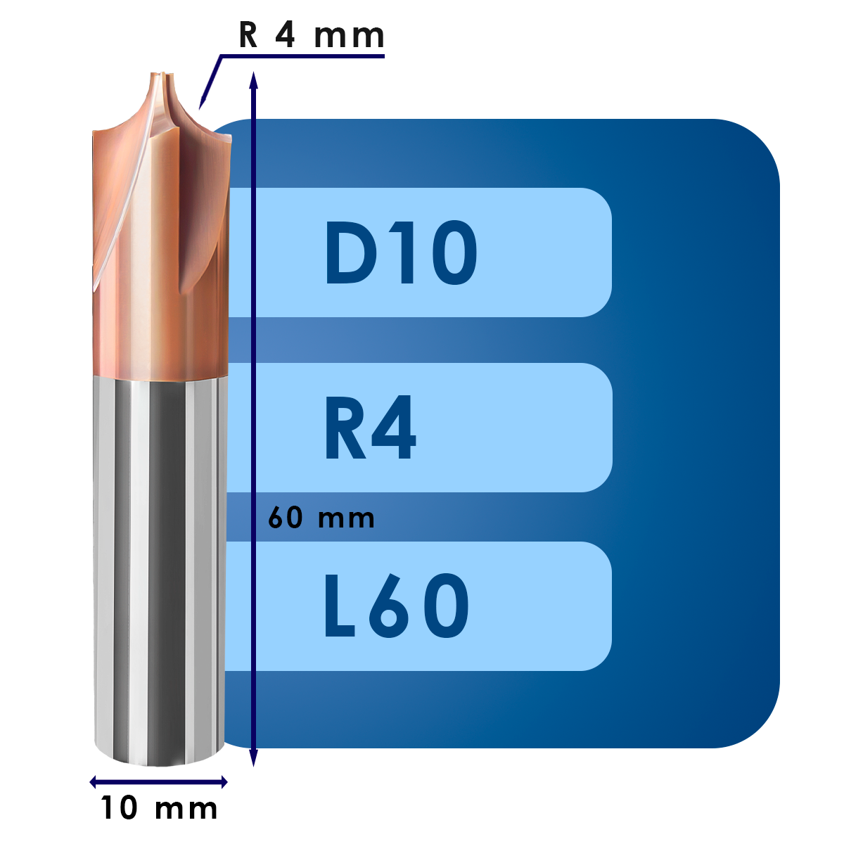 D10 R4 L60 Фреза с вогнутым радиусом d10*r4*p55*d10*z4*l60