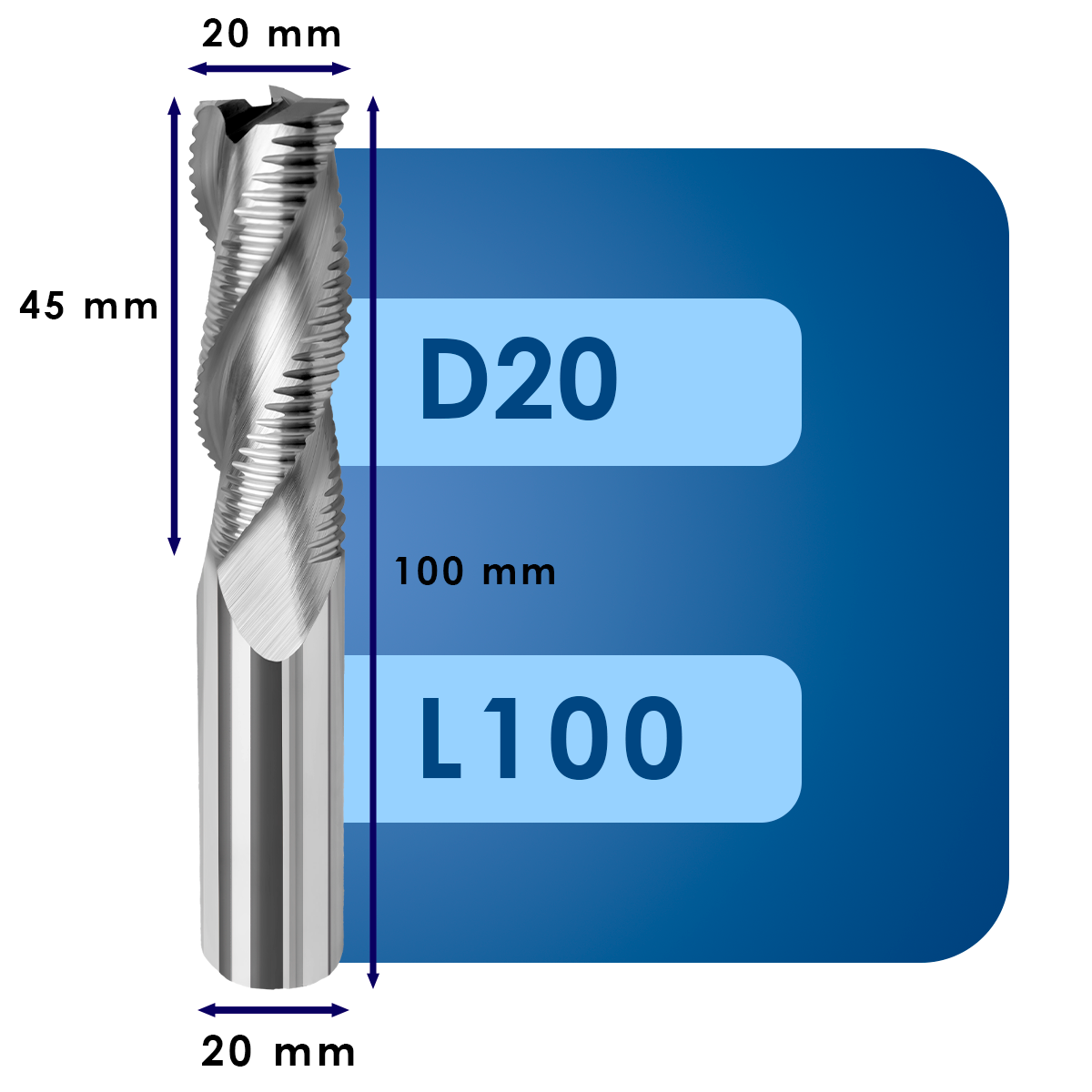 D20 L100 Фреза черновая твердосплавная d20*c45*p55*d20*z3*l100*r*al