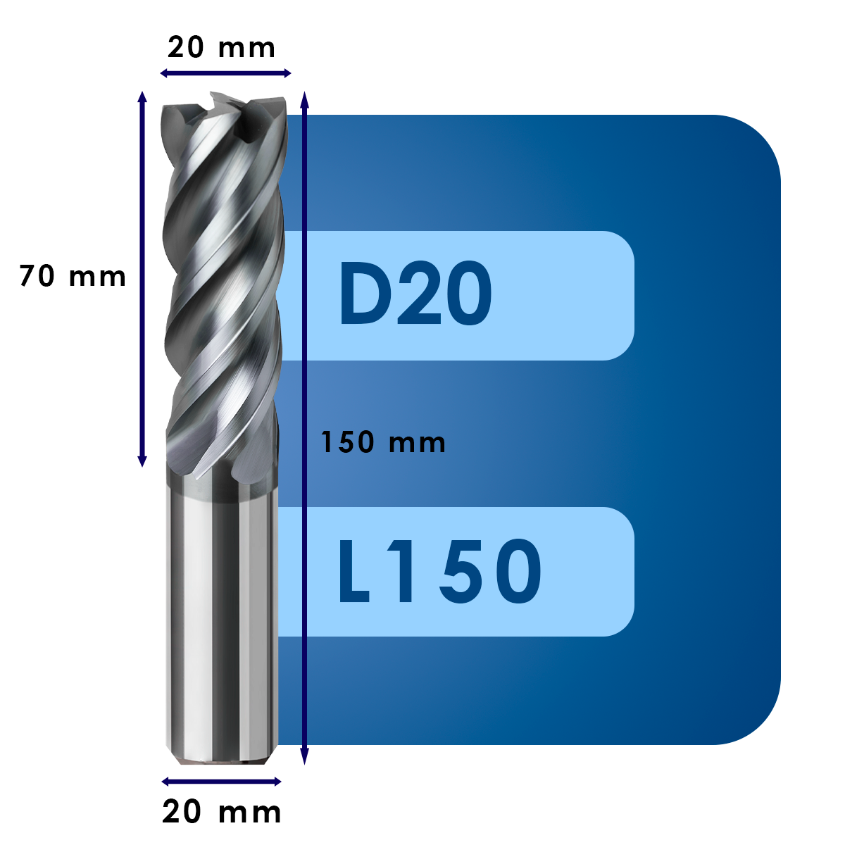 D20 L150 Фреза твердосплавная d20*c70*p70*d20*z4*l150