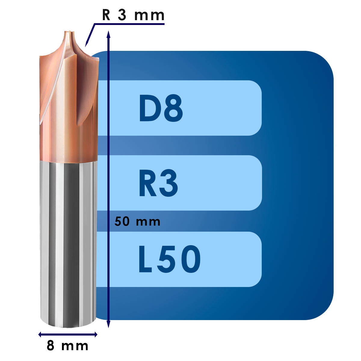 D8 R3 L50 Фреза с вогнутым радиусом d8*r3*p55*d8*z4*l50