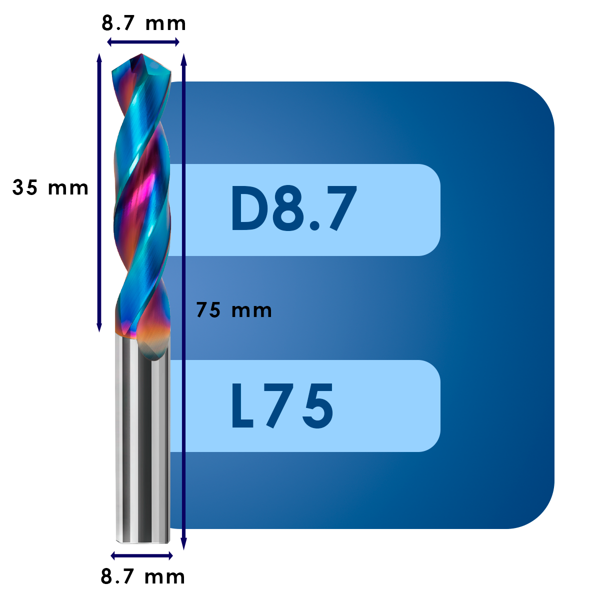 D8.7 L75 Сверло твердосплавное svd8.7*c35*p60*d8.7*z2*l75
