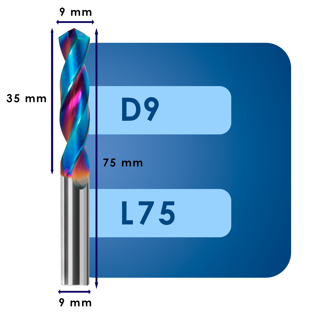 D9 L75 Сверло твердосплавное svd9.0*c35*p60*d9.0*z2*l75