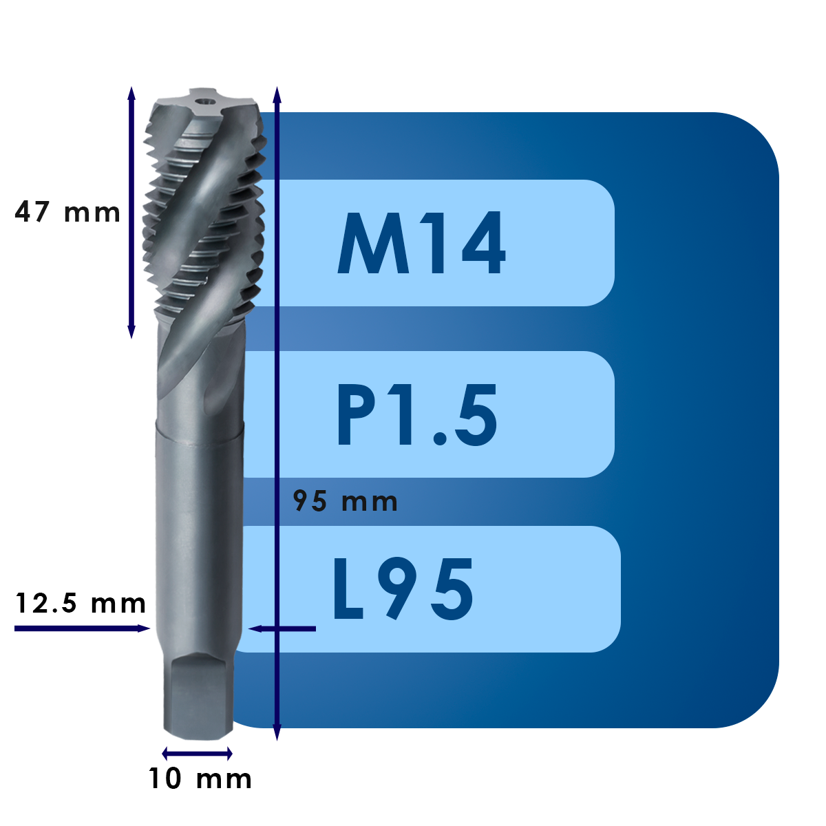 М14 р1.5 Машинный метчик для глухих отверстий m14*p1.5*c47*l95*d12.5*c10*hsse*mg