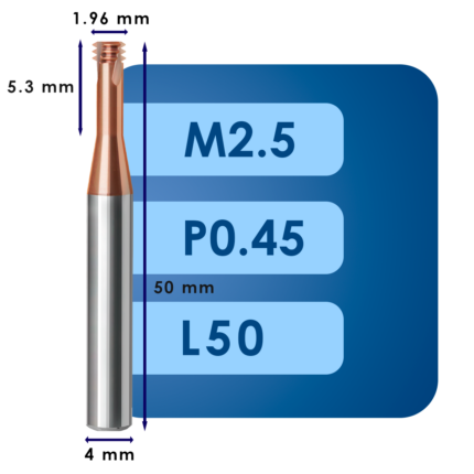 Резьбофреза m2.5*d1.96*p0.45*c5.3*p55*d4*cz3*z3*l50
