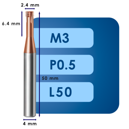 Резьбофреза m3*d2.4*p0.5*c6.4*p55*d4*cz3*z3*l50