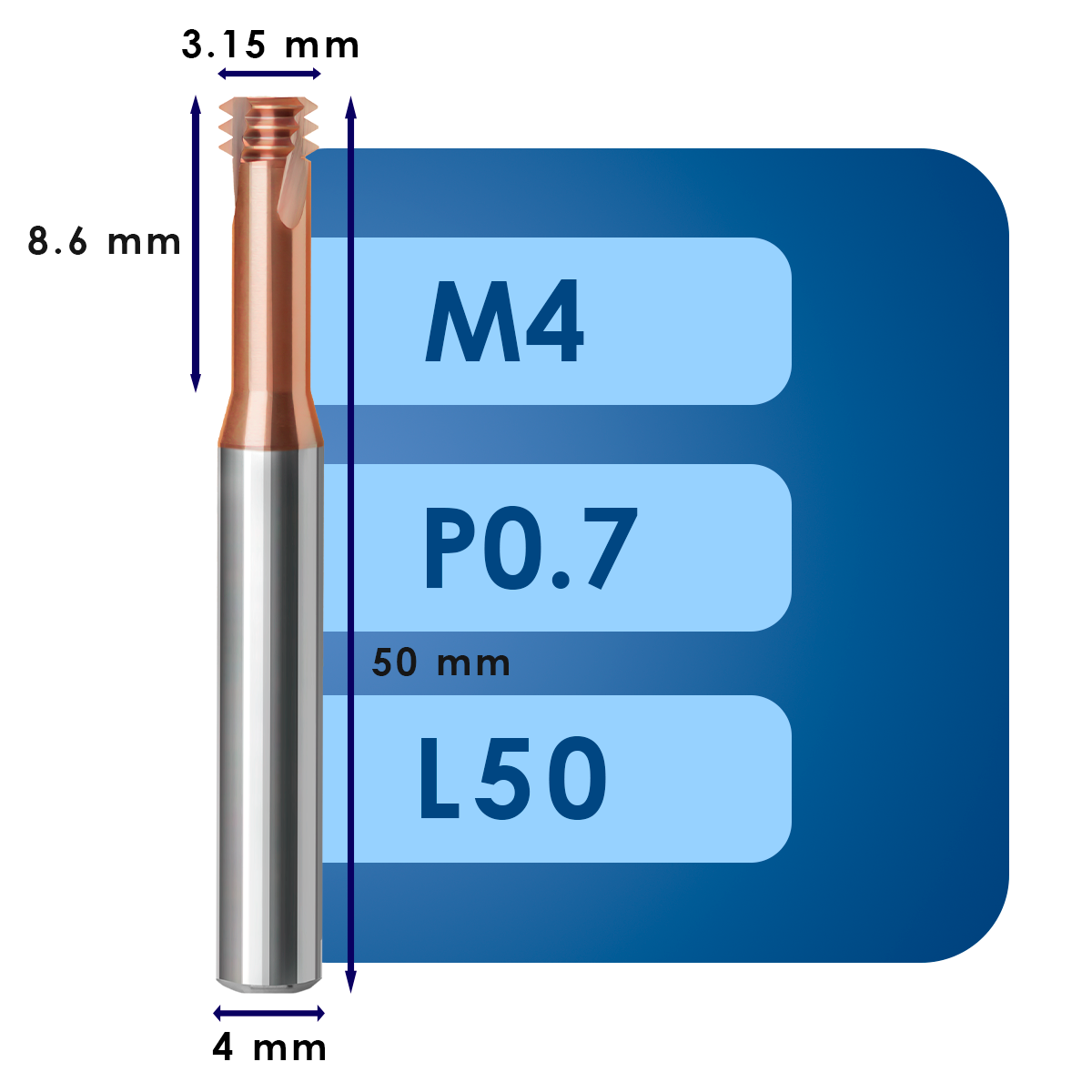 М4 (3) Резьбофреза m4*d3.15*p0.7*c8.6*p55*d4*cz3*z3*l50