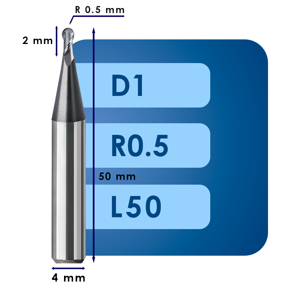 D1 L50 Фреза радиусная d1*r0.5*c2*p70*d4*z2*l50