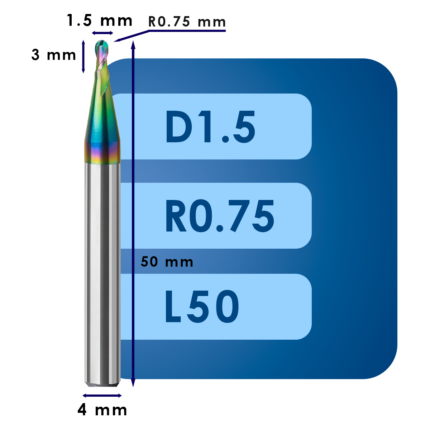 Фреза радиусная d1.5*r0.75*c3*p58*d4*z2*l50 al