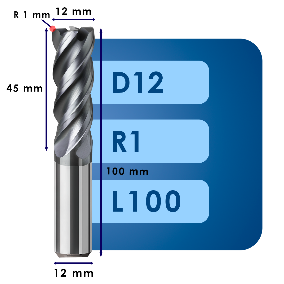 D12 L100 Фреза твердосплавная d12*r1*c45*p70*d12*z4*l100