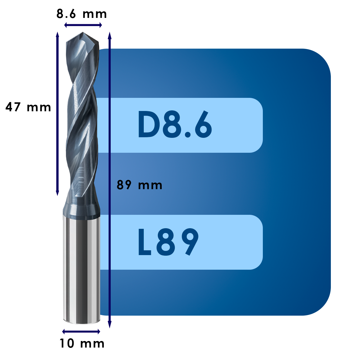 D8.6 L89 Сверло твердосплавное svd8.6*c47*p70*d10*z2*l89