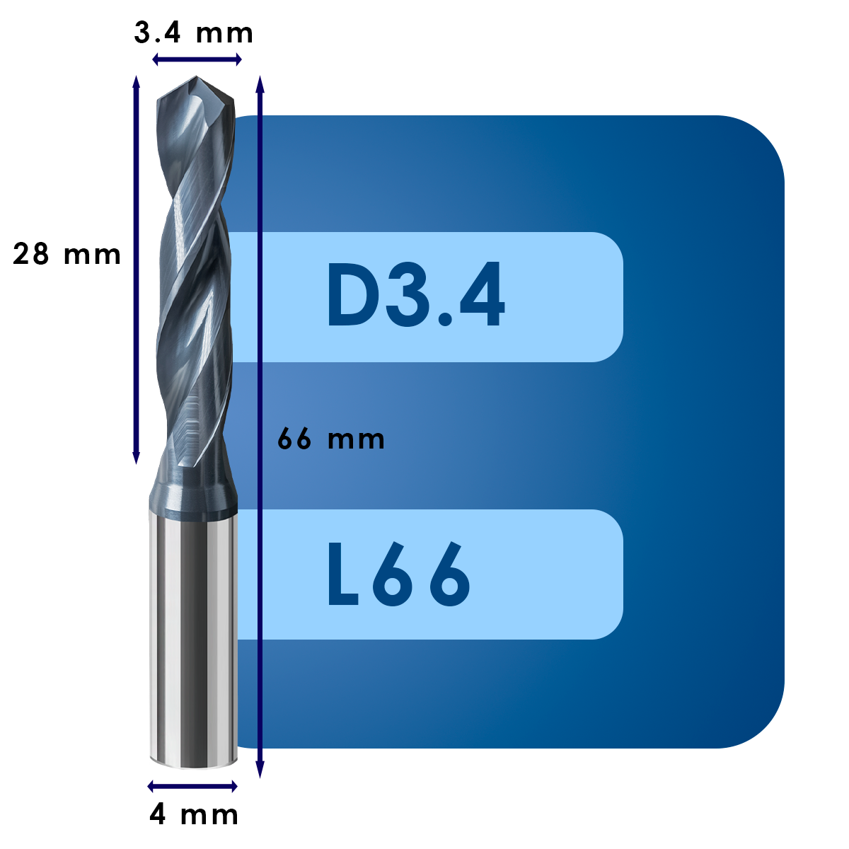 D3.4 L66 Сверло твердосплавное svd3.4*c28*p70*d4*z2*l66