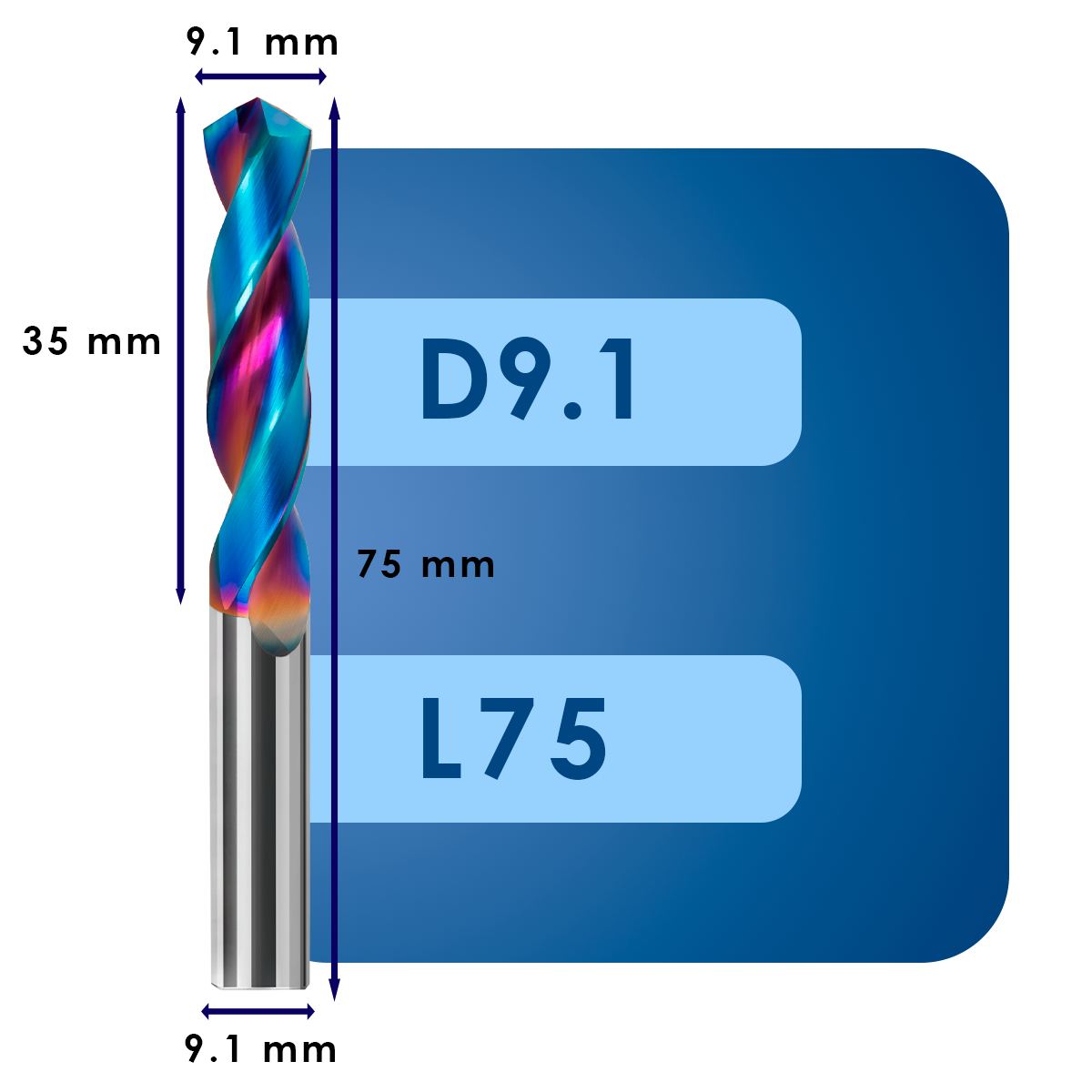 D9.1 L75 Сверло твердосплавное svd9.1*c35*p60*d9.1*z2*l75