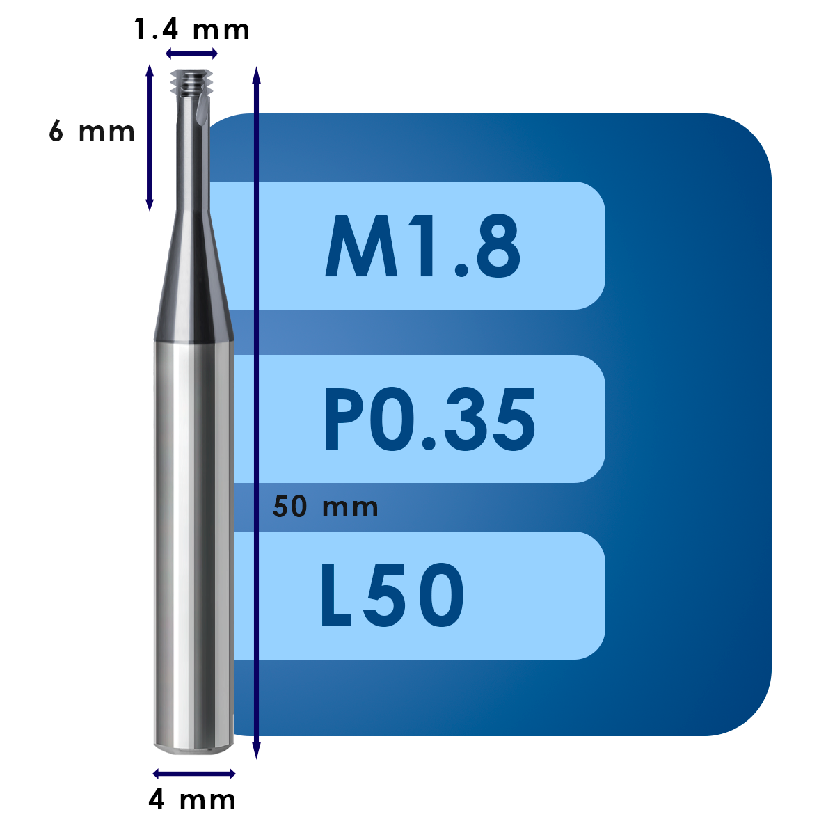 М1.8 (4) Резьбофреза m1.8*d1.4*p0.35*c6*p70*d4*cz3*z3*l50