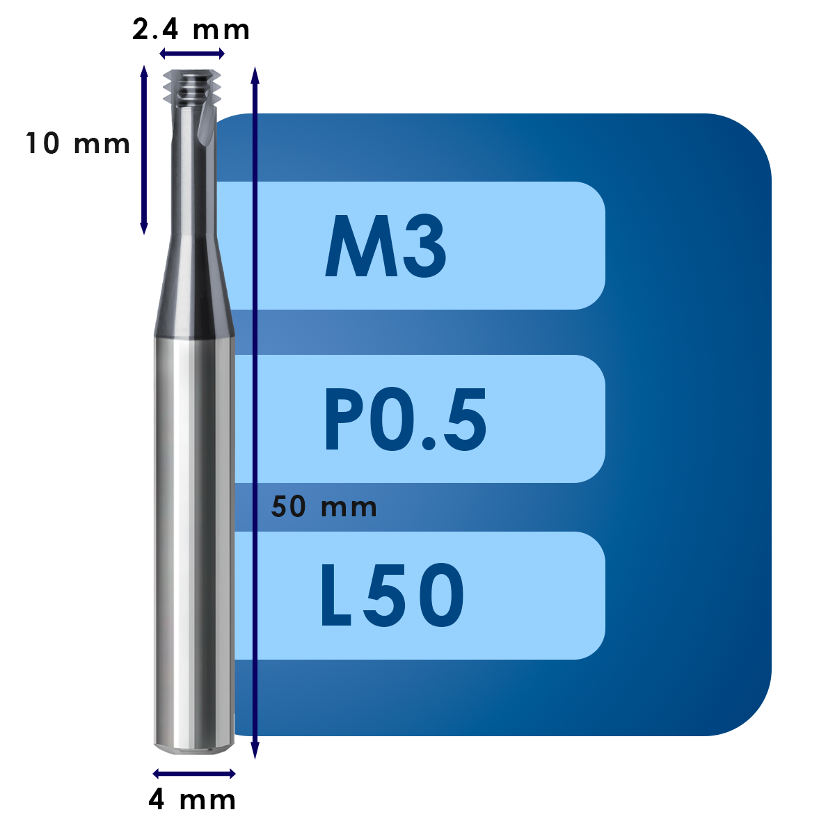 М3 (4) Резьбофреза m3*d2.4*p0.5*c10*p70*d4*cz3*z3*l50