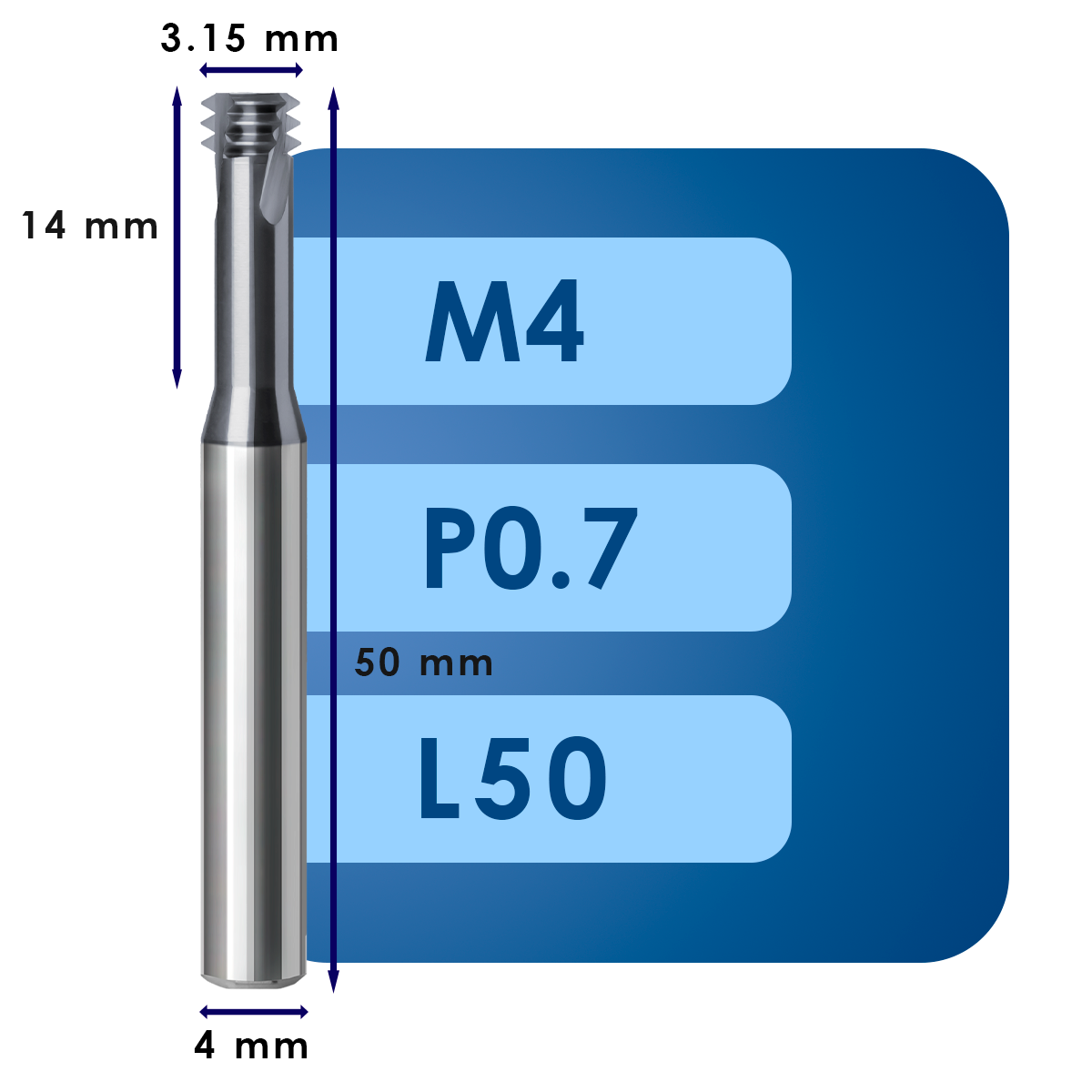 М4 (4) Резьбофреза m4*d3.15*p0.7*c14*p70*d4*cz3*z3*l50