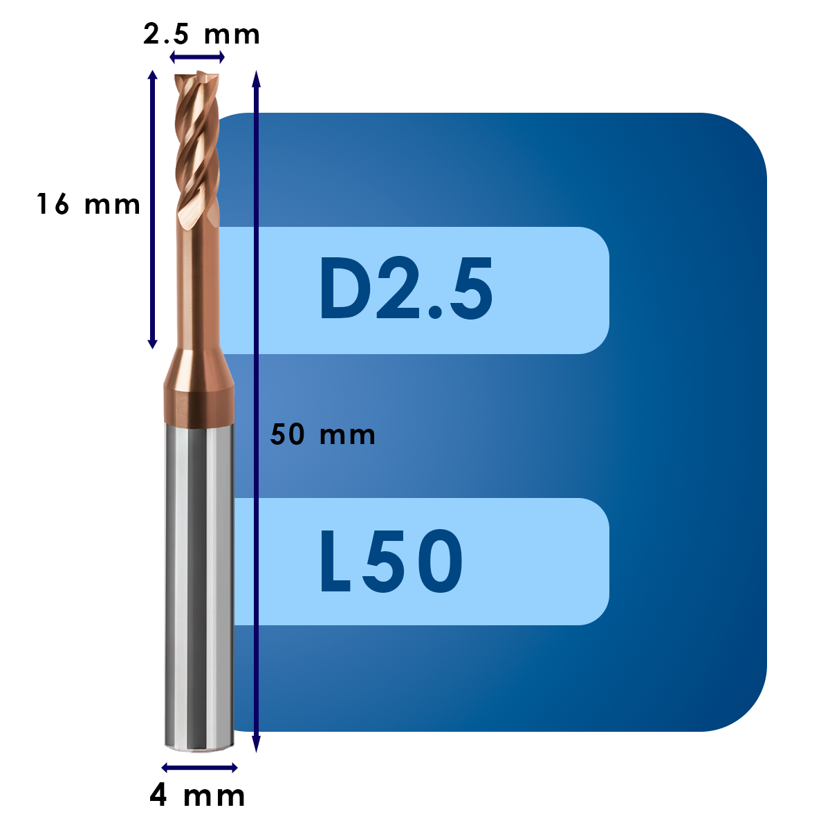 D2.5 С16 L50 (1) Фреза твердосплавная d2.5*c16*p55*d4*z4*l50