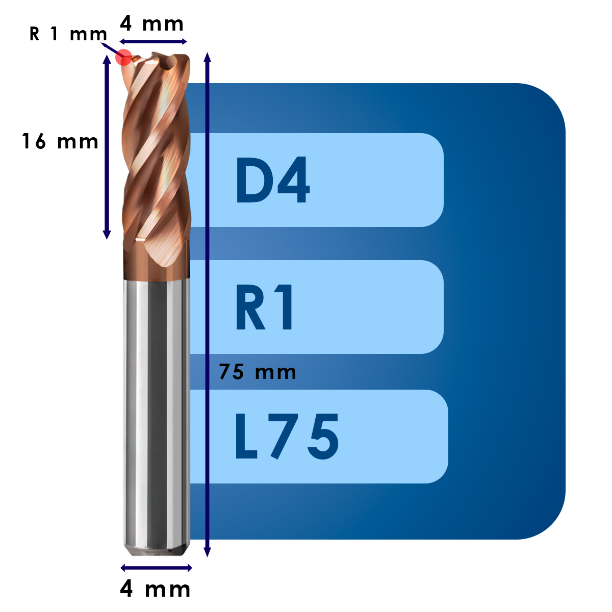 D4 R1 L75 Фреза твердосплавная d4*r1*c16*p55*d4*z4*l75