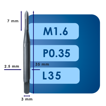 Машинный метчик для сквозных отверстий m1.6*p0.35*c7*l35*d3*c2.5*iso*hsse*ms