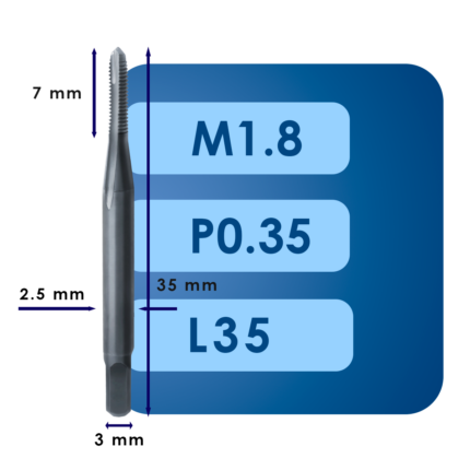 Машинный метчик для сквозных отверстий m1.8*p0.35*c7*l35*d3*c2.5*iso*hsse*ms