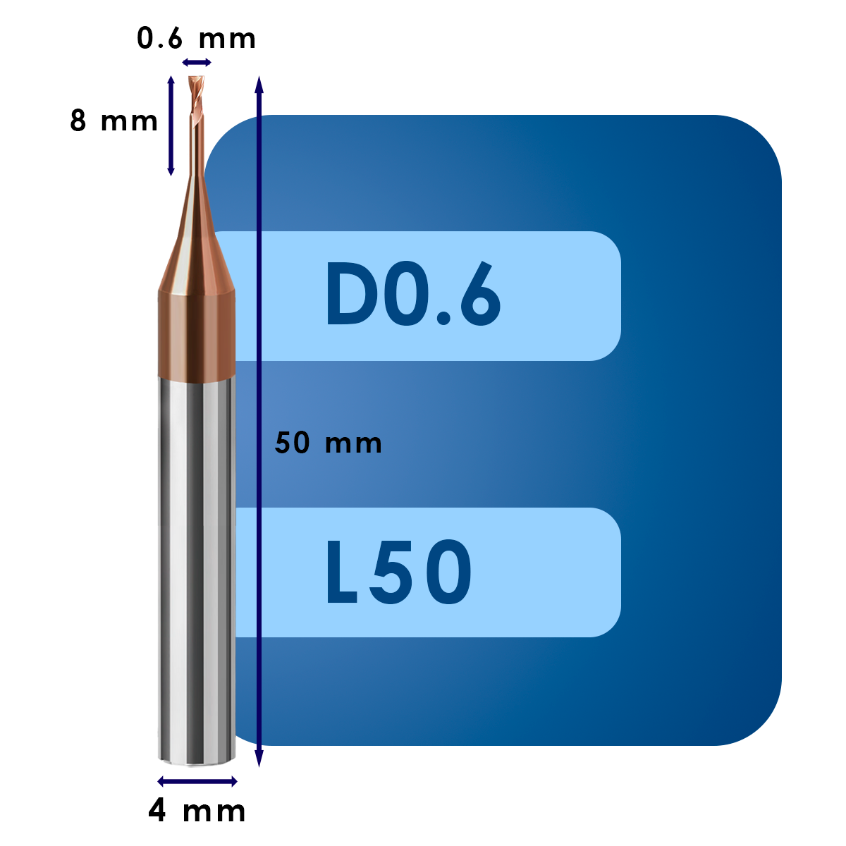 D0.6 С8 L50 Фреза твердосплавная d0.6*c8*p55*d4*z2*l50