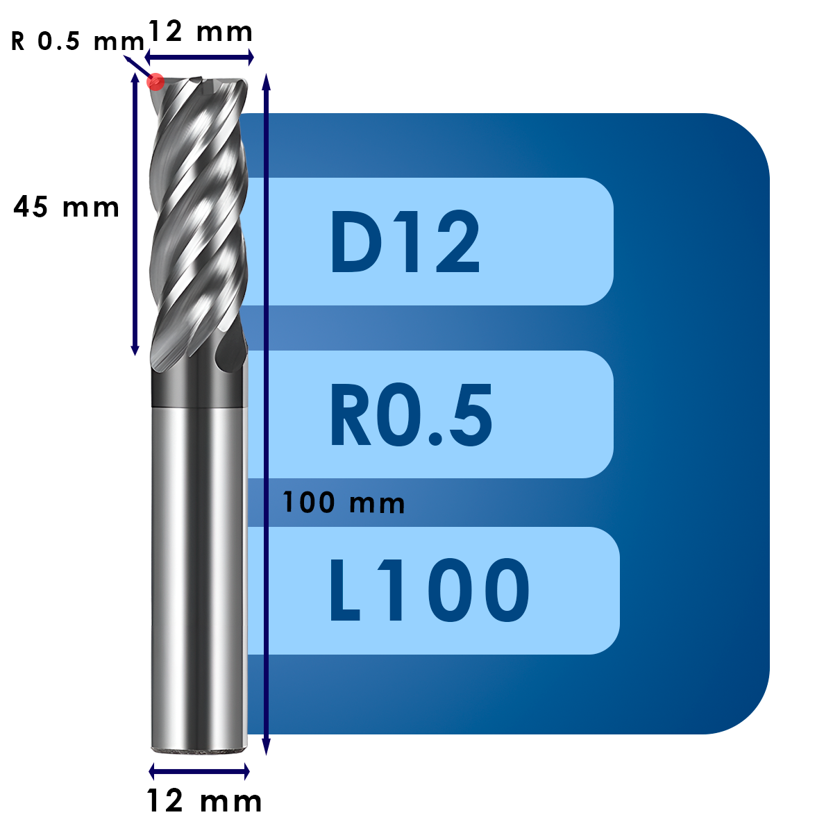 D12 L100 (3) Фреза радиусная твердосплавная d12*r0.5*c45*p70*d12*z4*l100