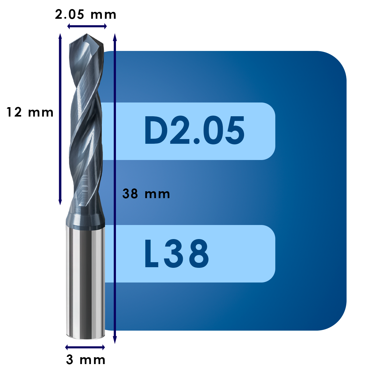 D2.05 L38 Сверло твердосплавное svd2.05*c12*p70*d3*z2*l38