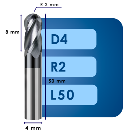 Фреза радиусная d4*r2*c8*p70*d4*z4*l50