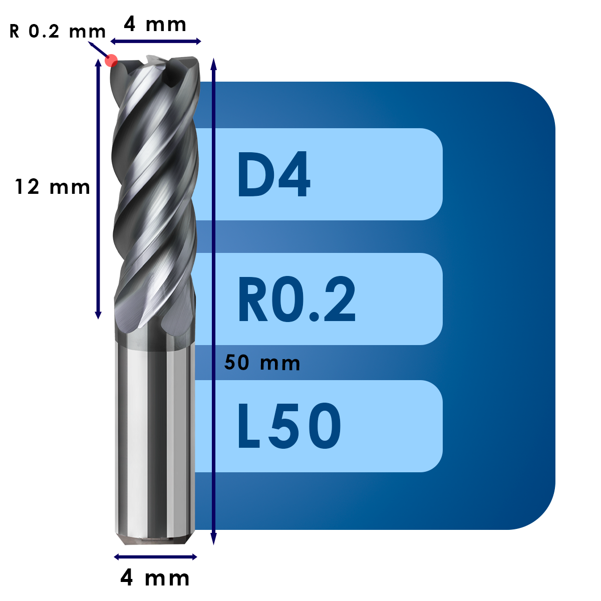 D4 L50 Фреза твердосплавная d4*r0.2*c12*p70*d4*z4*l50