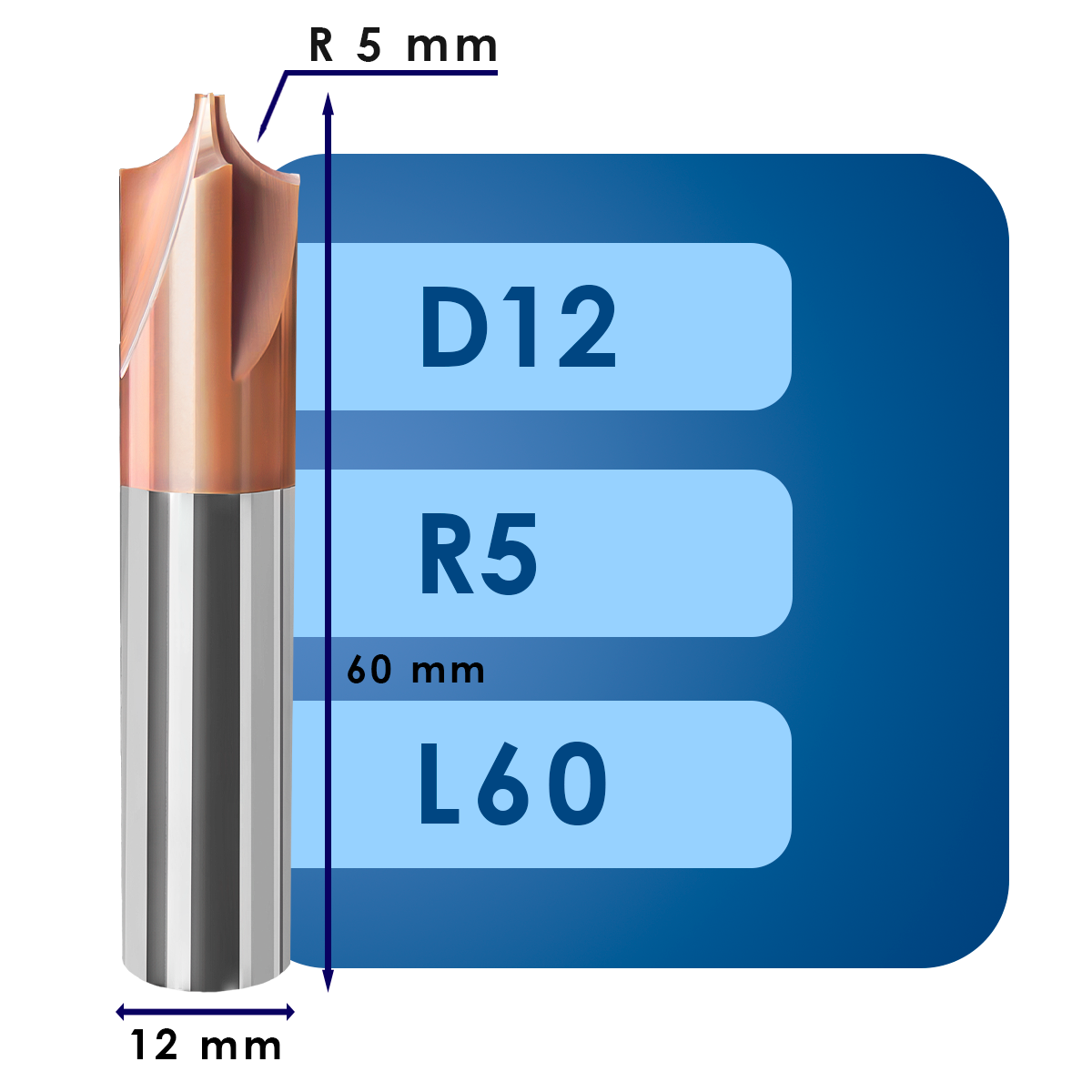 D12 R5 L60 Фреза с вогнутым радиусом d12*r5*p55*d12*z4*l60