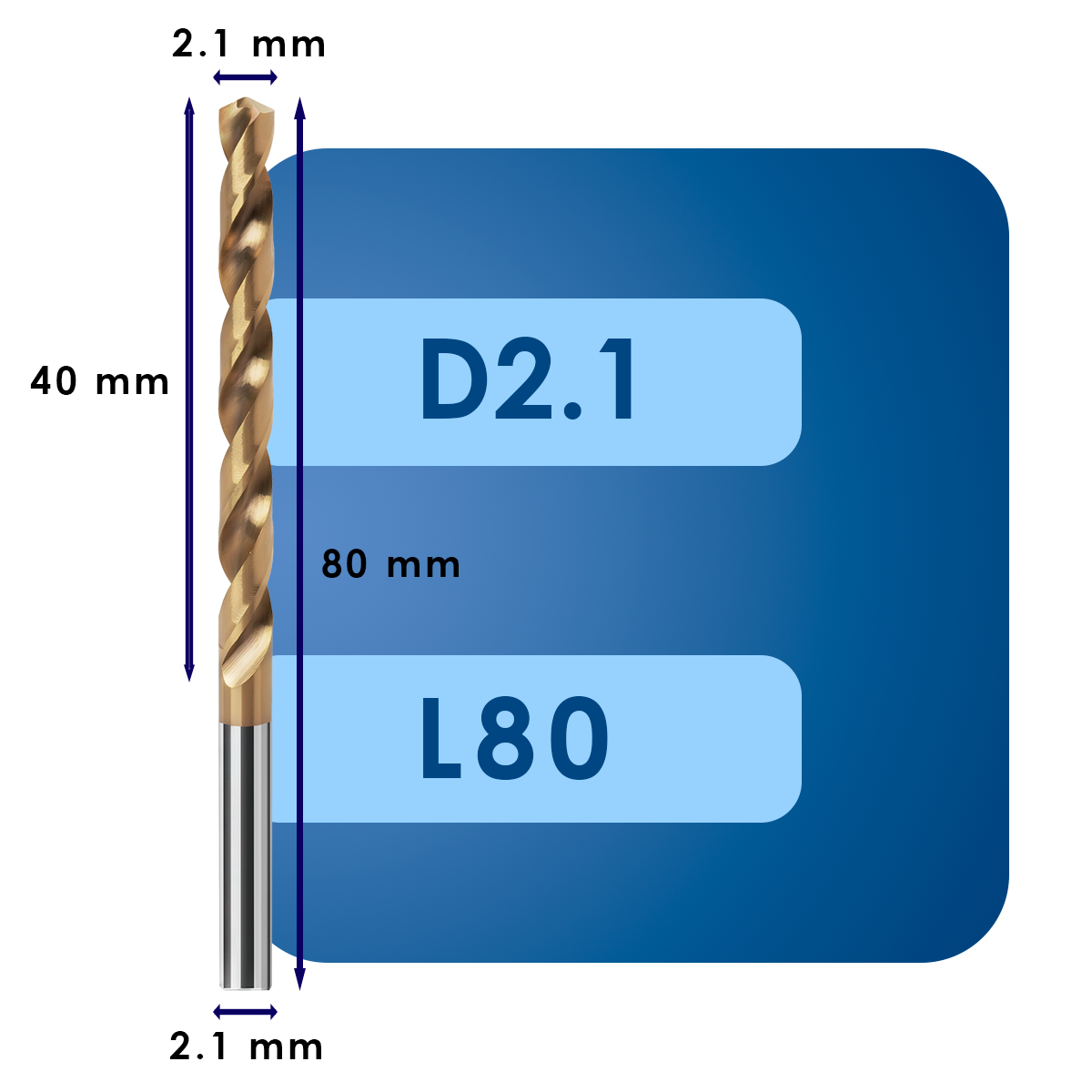 D2.1 L80 Сверло твердосплавное svd2.1*c40*p55*d2.1*z2*l80