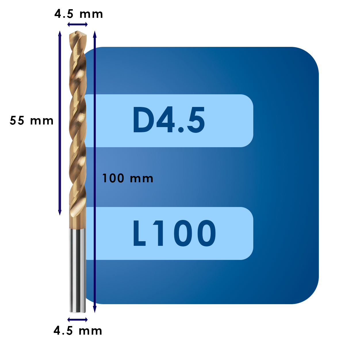 D4.5 L100 Сверло твердосплавное svd4.5*c55*p55*d4.5*z2*l100