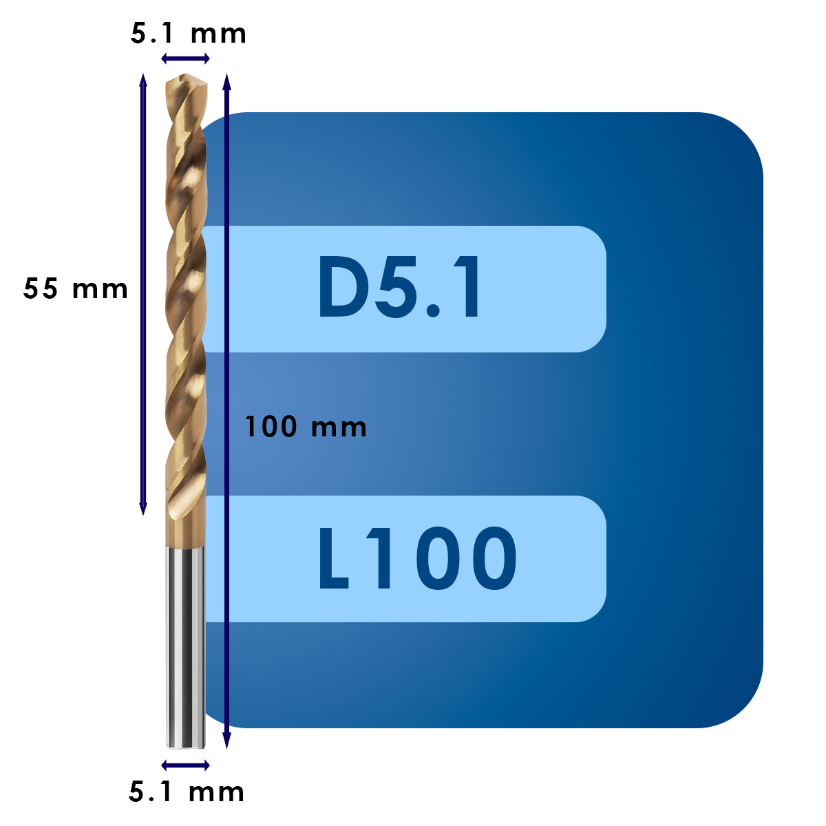 D5.1 L100 Сверло твердосплавное svd5.1*c55*p55*d5.1*z2*l100