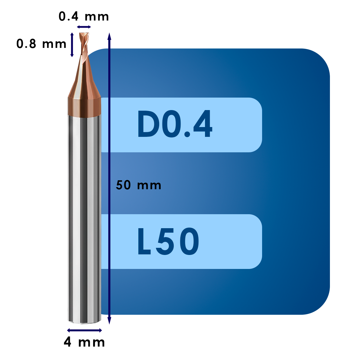 D0.4 С0.8 L50 Фреза твердосплавная d0.4*c0.8*p55*d4*z2*l50