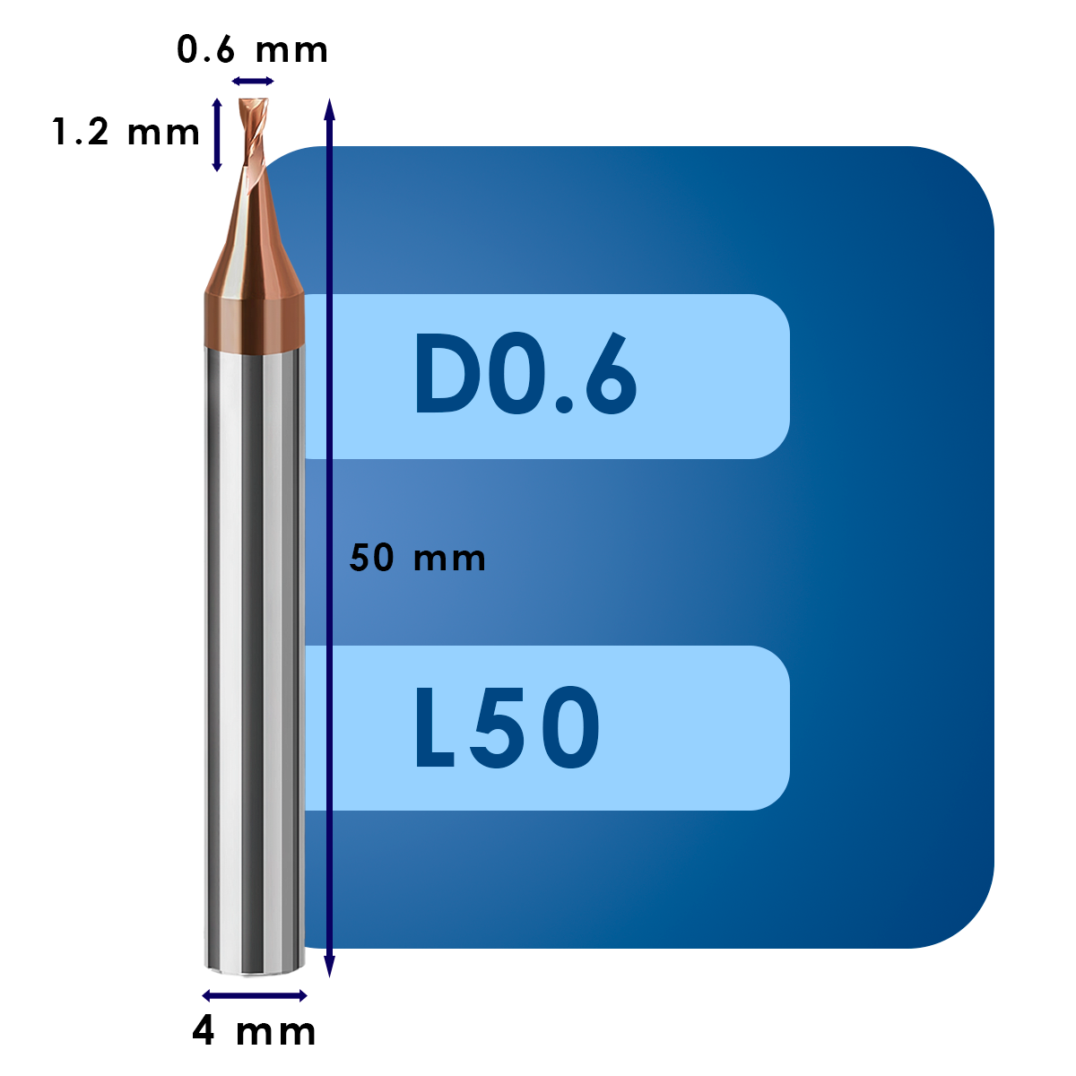 D0.6 С1.2 L50 Фреза твердосплавная d0.6*c1.2*p55*d4*z2*l50