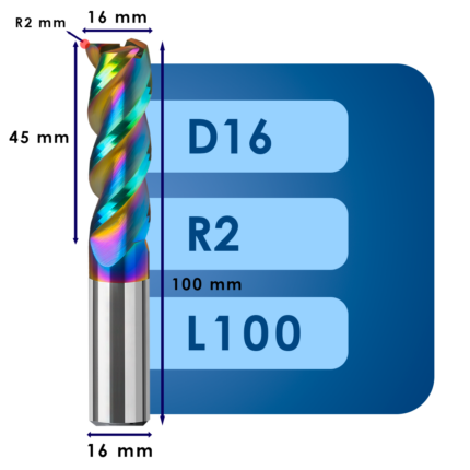 Фреза твердосплавная d16*r2*c45*p58*d16*z3*l100 al