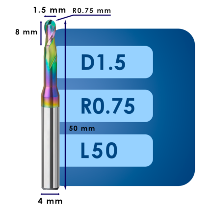 Фреза радиусная d1.5*r0.75*c8*p58*d4*z2*l50 al