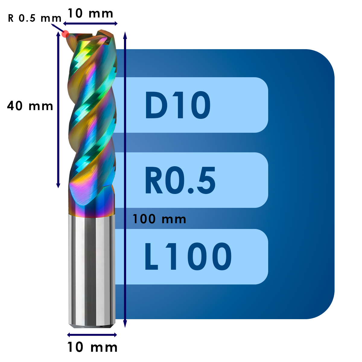D10 L100 (4) Фреза твердосплавная d10*r0.5*c40*p58*d10*z3*l100 al