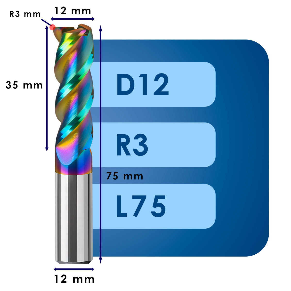 D12 L75 (11) Фреза твердосплавная d12*r3*c35*p58*d12*z3*l75 al