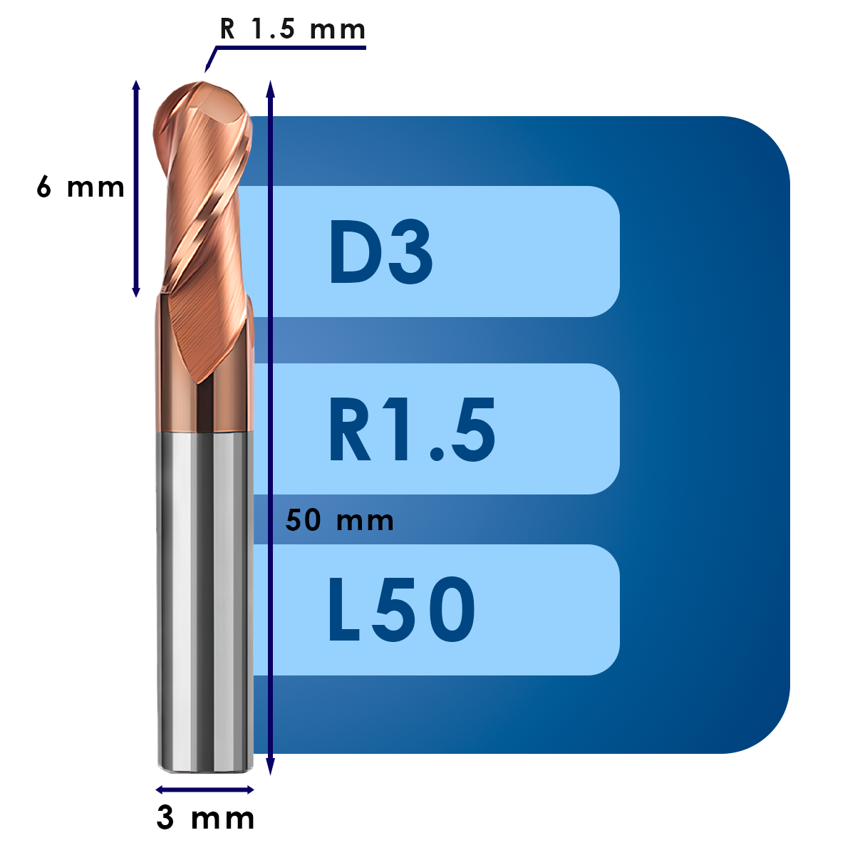 D3 L50 Фреза радиусная d3*r1.5*c6*p55*d3*z2*l50