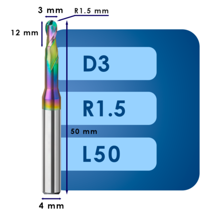 Фреза радиусная d3*r1.5*c12*p58*d4*z2*l50 al
