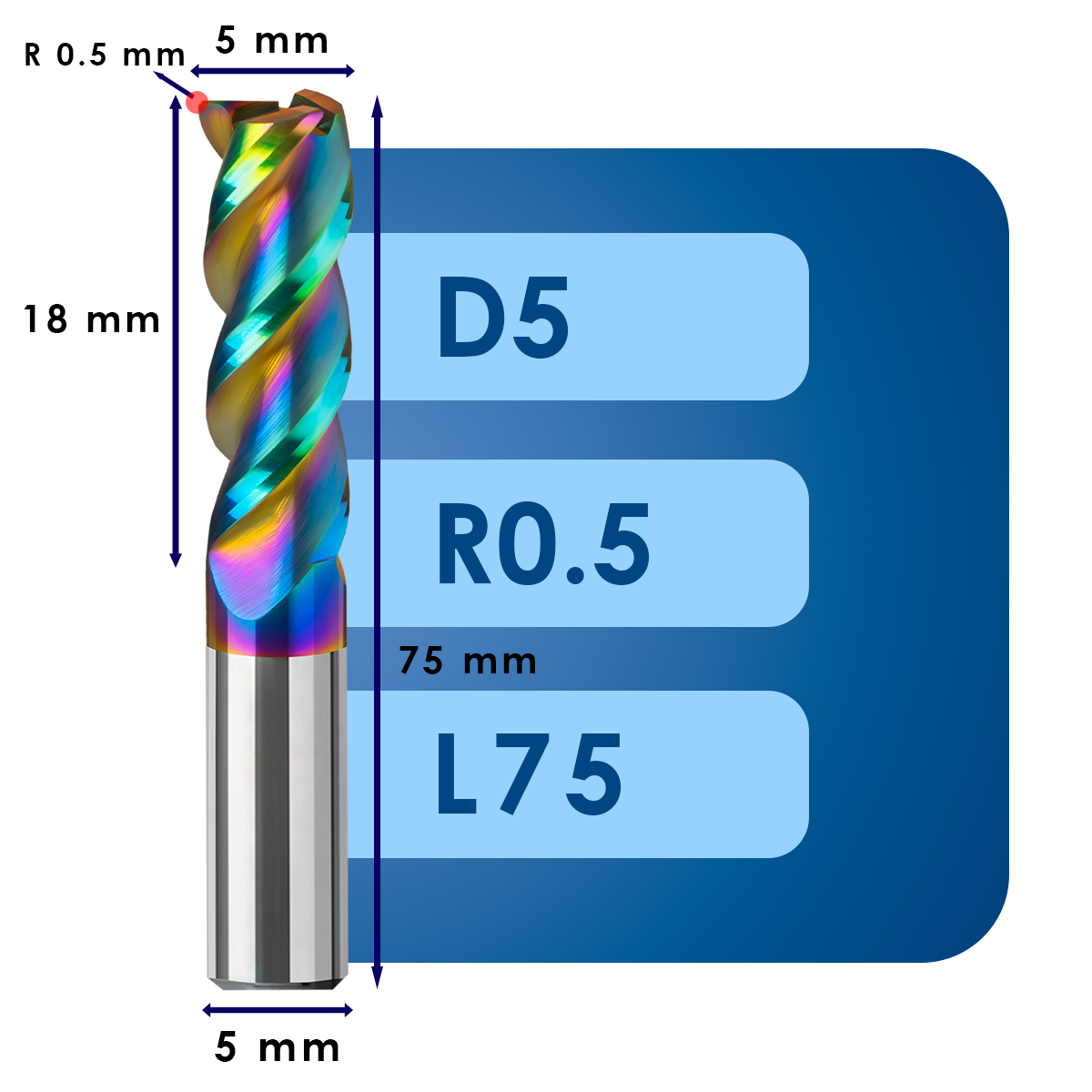 D5 L75 Фреза твердосплавная d5*r0.5*c18*p58*d5*z3*l75 al