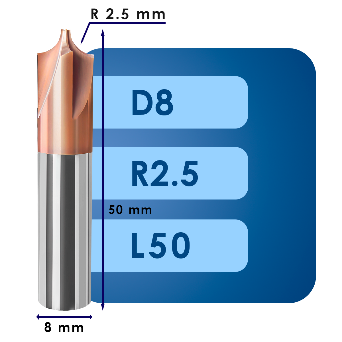 D8 R2.5 L50 Фреза с вогнутым радиусом d8*r2.5*p55*d8*z4*l50
