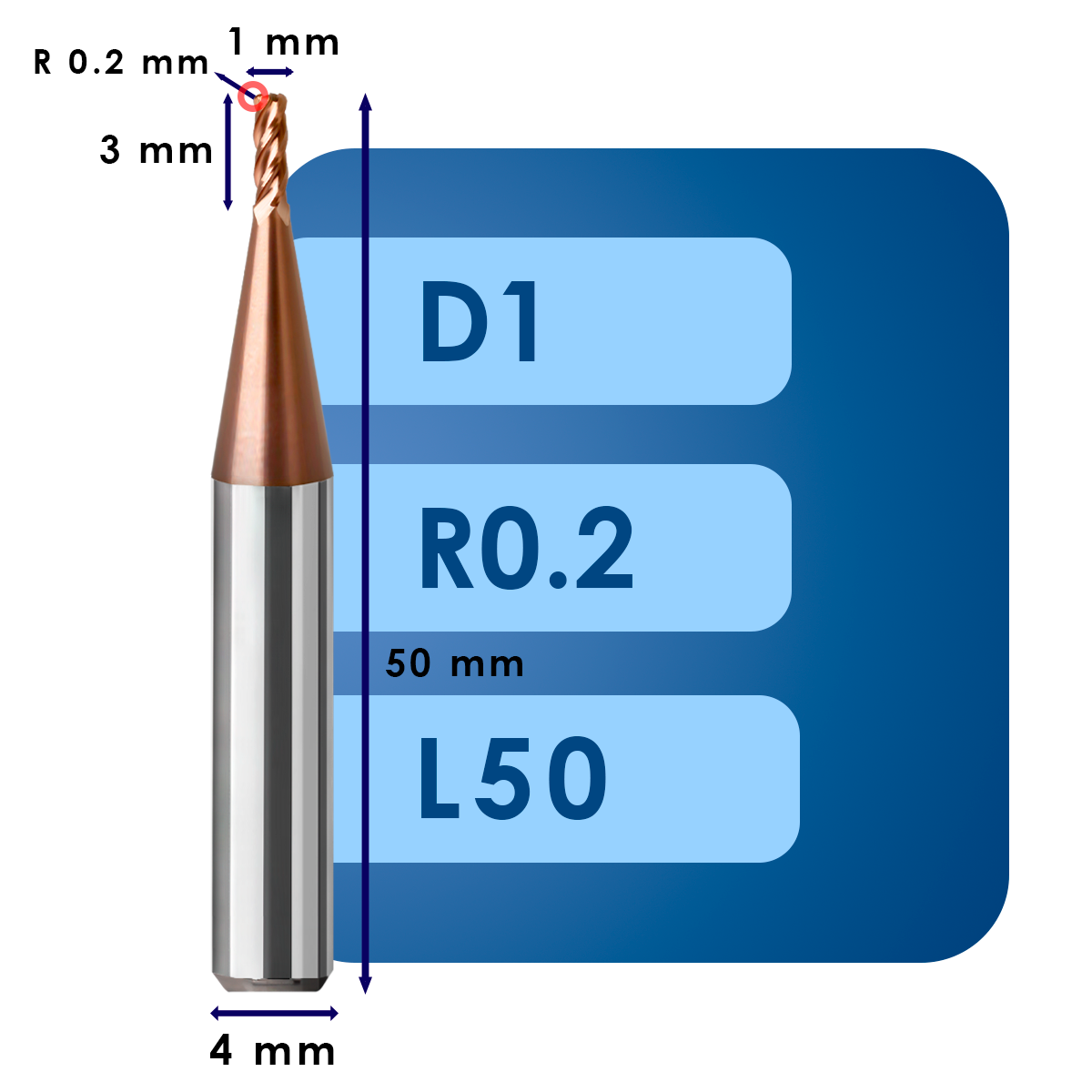D1 R0.2 L50 Фреза твердосплавная d1*r0.2*c3*p55*d4*z4*l50